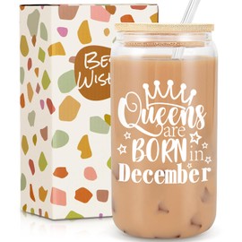 Birthday Gifts for Women, Funny Happy Birthday Glass Cup Tumbler for her, Girlfriend, Friends, Wife, Mom, Bestie, Daughter, Sister, 18oz Clear Can Glass with Straw & Lid, Queens are Born in December