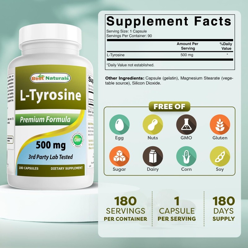 Best Naturals L-Tyrosine 500 mg 180 Capsules (Pack of 3)