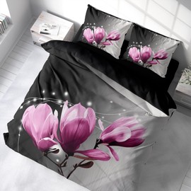 FEBE 3D Bed Linen Lily Flower Duvet Cover Set 135 x 200 cm + Pillowcase 80 x 80 cm Reversible Bed Linen 2-Piece with Zip Closure
