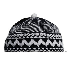 Black Zigzag Design Muslim Beanie Kufi Hat w/White Ball - for Kids