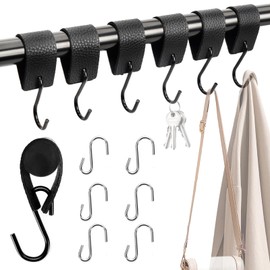 Hossom S Hooks Black Leather, Pack of 6 S Hooks for Clothes Rail with Leather Loop and 12 Replaceable Clothes Hooks for Hanging, Coat Hooks for Coat, Towel, Kitchen, Bathroom