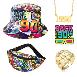Pluvyze Set of 5 Retro 90s Fishing Hats with 1 Bucket Hat, 1 Necklace, 1 Belt Bag, 1 Brooch, 1 Rings, Double-Sided Fishing Hats, Retro 90s Accessories, Unisex Fishing Hat for Women and Men