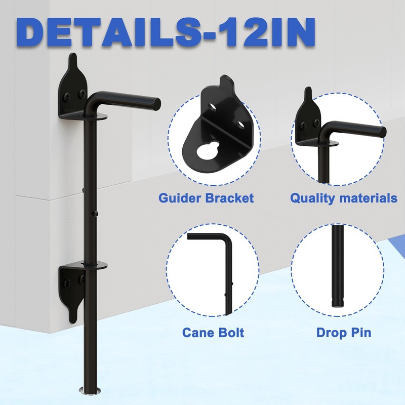 Heavy Duty Cane Bolt - 12" Gate Drop Rod for