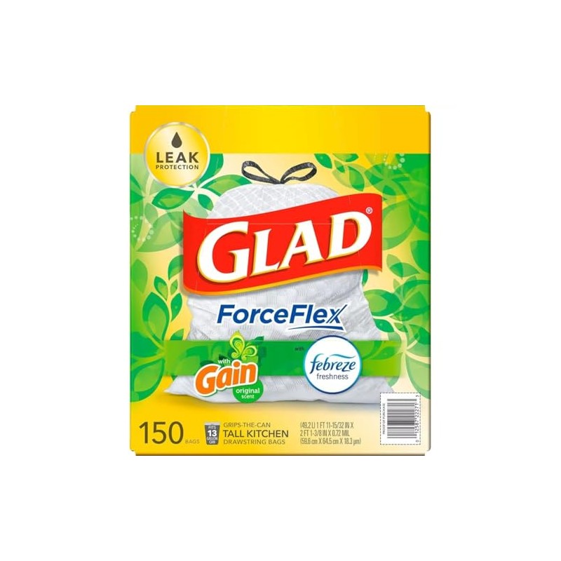 GLAD ForceFlex Tall Kitchen Drawstring White Trash Bags, Gain Original