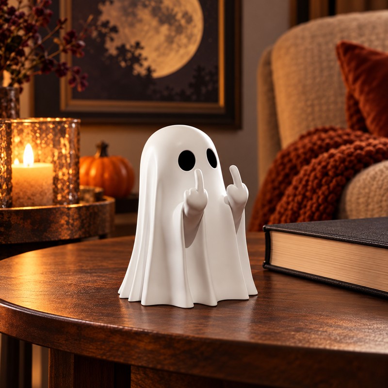 Cute Middle Finger Ghost Statue, Small Halloween Decor for Home,
