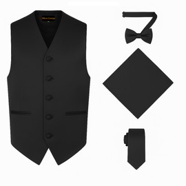 Oliver George 4pc Men's Vest Tie Bow Tie Handkerchief Set For Men | Men's Tuxedo and Suit Vest | Solid Formal Waistcoat | Black 2XL