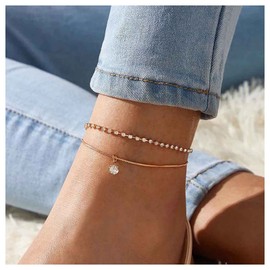 Inilbran Boho Layered Rhinestone Tennis Ankle Bracelet Gold Crystal Pendant Anklet Bracelet Gold Snake Chain Anklet Sparkly Cz Crystal Anklet Foot Chain for Women and Girls