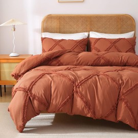 MILDLY Boho Duvet Cover Pumpkin - Tufted Comforter Cover Set Geometric Textured Queen Size Bedding Set with Corner Ties & Zipper Closure