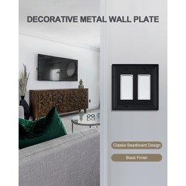 ZILLSEA 2-Pack Black Double Decorator Wall Plates, Classic Beadboard Outlet Covers, Metal Face Plates for Electrical Outlets, GFCI, Dimmer Switch, 2 Gang, 4.96''*4.88'', Midsize