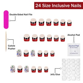 Christmas Press on Nails Medium Square SWEKKE French Tip Fake Nails Winter False Nails with Light Designs Glitter Full Cover Glossy Glue on Nails Xmas Acrylic Nails for Women Girls 24 Pcs