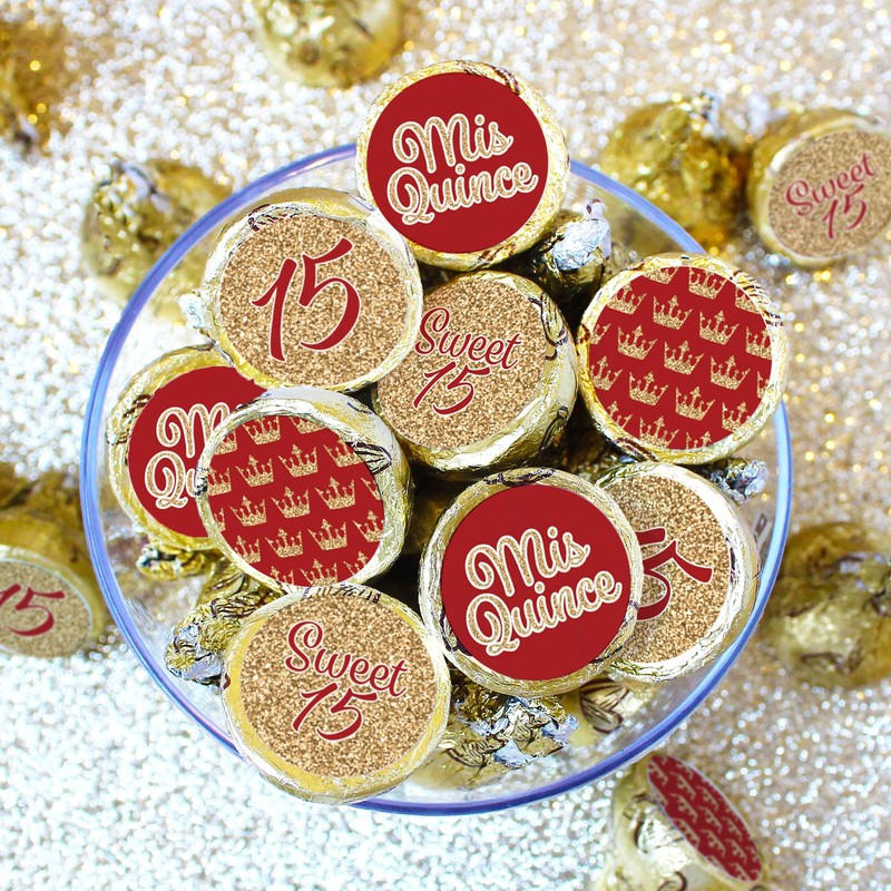 Red and Gold Quinceañera Chocolate Kisses Party Favor Stickers, Mis