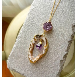 T. VICTORIA - Purple Amethyst Cluster Agate Slice Geode Drop Gemstone Pendant