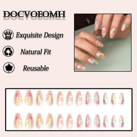 Press on Nails Almond Shaped Fake Nails Rainbow Colorful Flower Design Medium Length Full Cover Glue Stick on Nails for Women