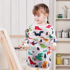 CUBACO 2 Pack Kids Painting Apron Children's Waterproof Artist Apron with Long Sleeve and 3 Pockets for Child 3-8 Years for Art Craft, Cooking, Baking, Feeding (Dinosaur Pattern)
