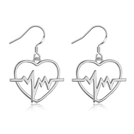 Jeni-Sely Enamel Red Heart Shape Heartbeat Nurse Medical EKG Dangle Earrings (silver)