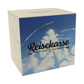Wooden Travel Fund Money Box with Beautiful Cloud Motif and Airplanes Money Box with Travel Motif to Save for the Next Trip or a Happy Holiday with the Family