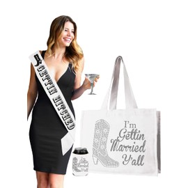 Country Bride Gift - SET OF 3: Silver Glitter Gettin Hitched White Satin Sash, Silver Rhinestone I'm Gettin Married Yall White Tote & White Can Cooler - Nashville Bachelorette Party Essentials