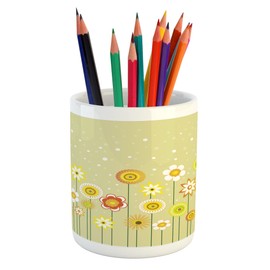 Ambesonne Yellow Flower Pencil Pen Holder, Colorful Meadow with Abstract Dots Playful Vegetation Growth, Printed Ceramic Pencil Pen Holder for Desk Office Accessory, Pale Green Yellow