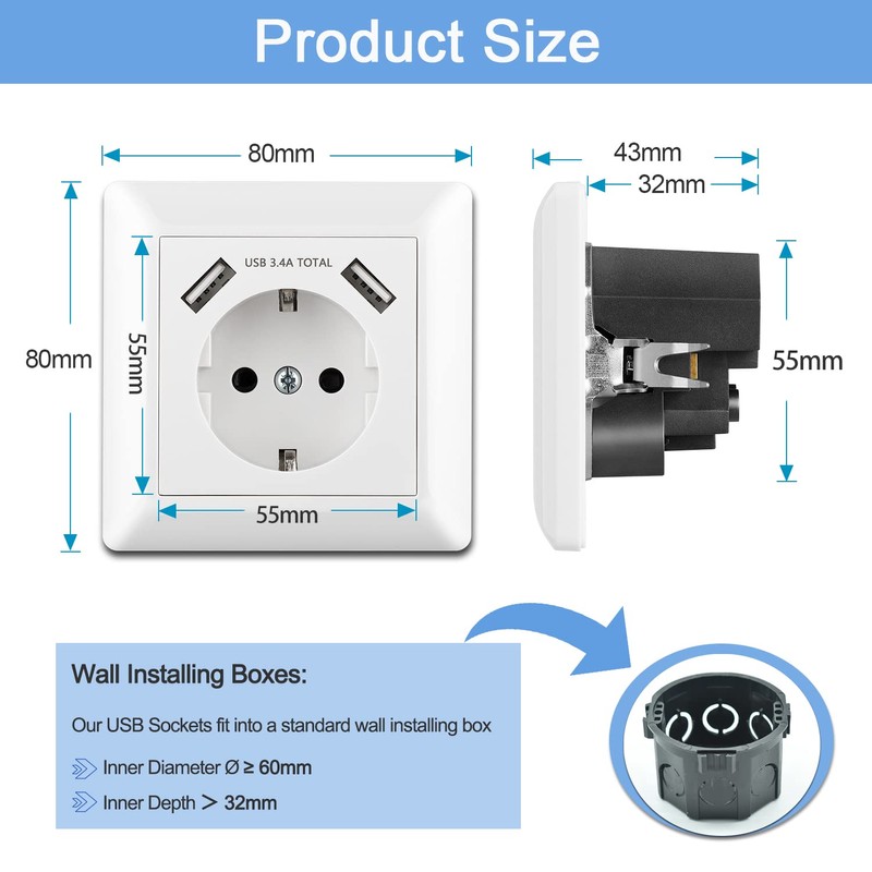 Kaifire USB Socket, Flush-Mounted Socket with USB Charger Connection (Max.