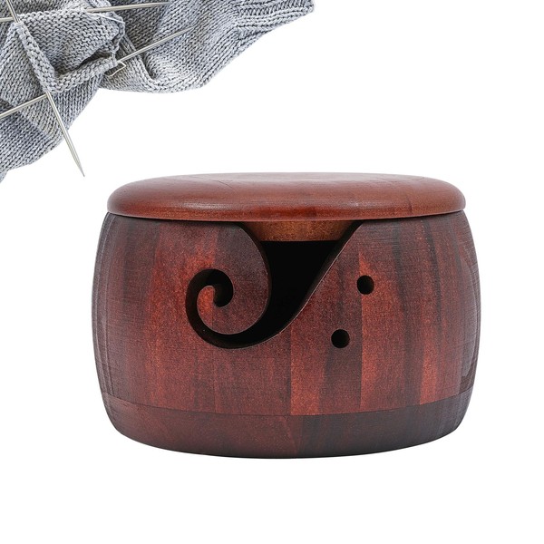 GLOBLELAND Wooden Yarn Bowls 6 x 4 Inches Crochet Bowls Yarn Bowls with Lid and Carved Holes Wood Storage Boxes for Knitting Spinning Tool Crocheting Accessories