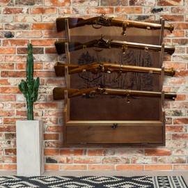 Yuntau Four Gun Wooden Gun Display Rack with Cabinet Storage Compartment for Gun Accessories Gun Rack for Wall Gun Wall Mount Wall Gun Racks for Rifle Home Gun Racks with Soft Pad Deer Pattern