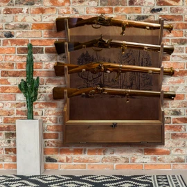 Yuntau Four Gun Wooden Gun Display Rack with Cabinet Storage Compartment for Gun Accessories Gun Rack for Wall Gun Wall Mount Wall Gun Racks for Rifle Home Gun Racks with Soft Pad Deer Pattern