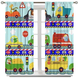 AAVEUP - Cortinas de decoración de coche para niños, dibujos animados, animales del bosque, guardia de carretera, construcción de luz roja, camiones, cortinas de ventana para niños, guardería,
