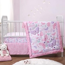 The Peanutshell 3 Piece Baby Crib Bedding Set for Girls - Newborn, Infant & Toddler Nursery Bed Set Decor with Fitted Crib Sheet, Dust Ruffle Comforter - Butterfly Song