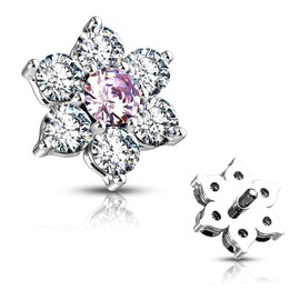 FIFTH CUE 14G 7 CZ Flower 316L Surgical Steel Internally Threaded Dermal Top (Clear/Pink)