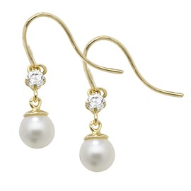 Contemporary 9ct Gold Ladies Drop Earrings with Cubic Zirconia/CZ, Freshwater Cultured Pearl - 19mm*5mm WJS270039KY