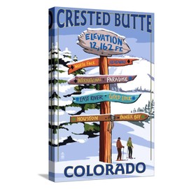 ART.COM Stretched Canvas Print Crested Butte, Colorado - Ski Run Signpost by Lantern Press, 12" x 18"