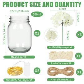 Mason Jar Table Centerpiece Set of 3 with White Hydrangea artificial Flowers for Engagement Party Bridal Shower Centerpieces Wedding Christmas Thanksgiving Party Reception Table Decor