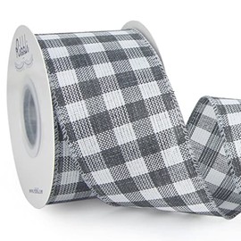 Ribbli Grey and White Check Wired Ribbon, 2-1/2 Inch x 10 Yard,Buffalo Plaid Ribbon,Burlap Ribbon,Gray Gingham Ribbon for Big Bow,Wreath,Tree Decoration,Outdoor Decoration