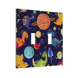 Ocean Blue Cute Cartoon Dino Kids Dinosaur 2 Gang Double Toggle Outlet Light Switch Wall Plate Outlet Cover Astronaut Universe Galaxy Outer Space Planet Nebula Boys Electrical Faceplate Switchplate
