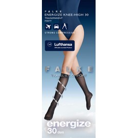 FALKE Lufthansa Travel & Comfort Women's Energize 30 Denier Knee Socks Half Opaque Compression Pressure-free Comfort Waistband Long Travel Sit Better Blood Circulation Fine Soft Material 1 Pair, Black
