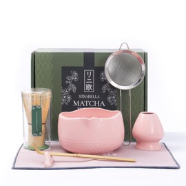 Strabella Matcha Whisk Set - Ceramic Matcha Set Includes Matcha Bowl, Matcha Whisk and Holder, Bamboo Scoop, Scoop Rest, Sifter and Tea Towel - 7 Pcs Ceremonial Matcha Set for Gift (Pink)