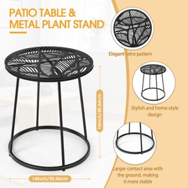 Vercraft Small Outdoor Side Table, 14" Patio Side Tables with Flower Cut Outs Weather Resistant Metal Outdoor End Table for Patio Outside Porch Balconies Garden(Black,Tropical Leaf)