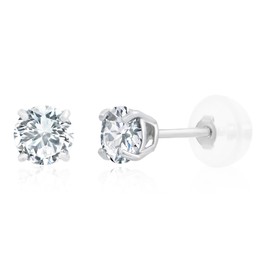 MAX + STONE 14k White Gold Genuine Created White Sapphire Round Stud Earrings for Women | 4mm April Birthstone