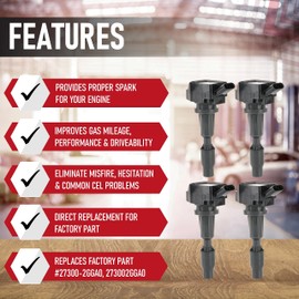 Ignition Coil Pack Set of 4 by AA Ignition - Compatible with Hyundai & Kia 2.0L, 2.4L, 4.6L 2008-2017 - Santa Fe, Sonata, Tucson, Forte, Optima Sorento, Sportage - Replaces UF611 C1667, 27300-2G000