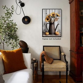 ERTOSKA Rustic Farmhouse Wall Art, Sunflowers in Vintage Teapot, Retro Flower Canvas Print, Country Style Home Decor, 16x24 Inch Unframed