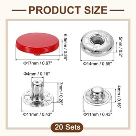 sourcing map 20 Set Snap Fasteners, 17mm #831 Zinc Alloy Press Studs Buttons Popper Stud Cap for Clothing Jeans Jackets Leather Sewing Repairing, Red
