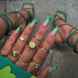 BFY Green French Press on Nails Medium Coffin Flower Fake Nails, Spring Summer Flowers Acrylic Nails, Irish Nude Glossy Gel False Nails Kit Stick Glue on Nails Tip, St Patrick's Day Decor 24 Pcs