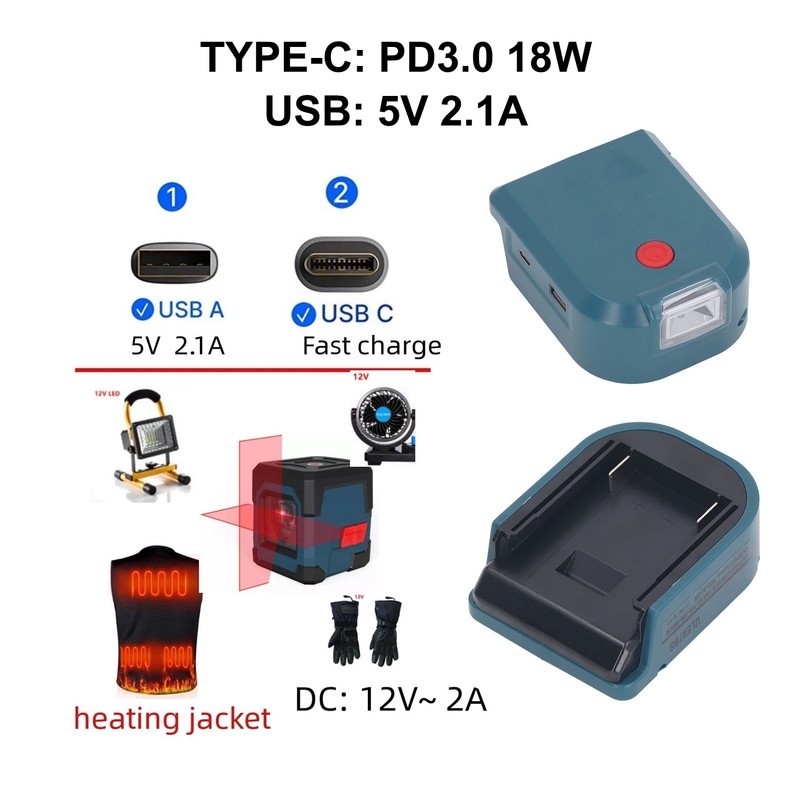 Battery Adapter with 18W PD3.0 Type C and 5V 2.1A