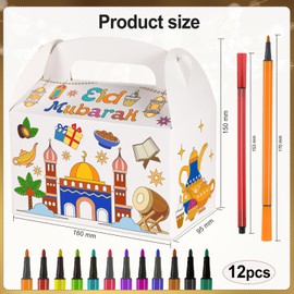HOWAF 12pcs Eid Mubarak Color Gift Treat Boxes with Paint Pens for kids,Ramadan Kareem Coloring Candy Treat Boxes Ramadan Kareem Coloring Gift Boxes with Handle for Ramadan Eid Party Decoration