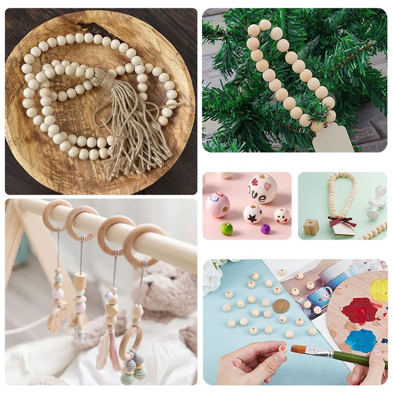 220 Pcs Wooden Beads for Crafting, Round Wood Beads 6-14mm