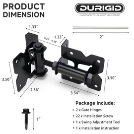 DURIGID Automatic Self Closing Gate Hinge for Vinyl, Steal Gate, Adjustable Heavy Duty Door Gate Hinges, One-Piece Construction, Black Finish, 2 Pack