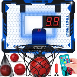 Remote Control Basketball Hoop Indoor for Kids-Over The Door Basketball Hoop with LED Light, Scoreboard, 4 Balls, Air Pump, Bag, Mini Hoop Gift Sport Toy for Boys Girls 3 4 5 6 7 8 9 10 11 12+, Blue