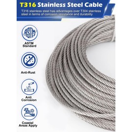 TooTaci 1/8 Stainless Steel Cable, 100FT T316 Stainless Steel Wire Rope Marine Grade 7x7 Strands Outdoor Aircraft Cable Heavy Duty for Deck Railing, Fence, Hanging, Shade Sails