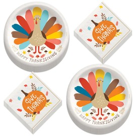 HOME & HOOPLA Happy Turkey Day Large Round Paper Dinner Plates and Give Thanks Lunch Napkins (20 Plates & Napkins)