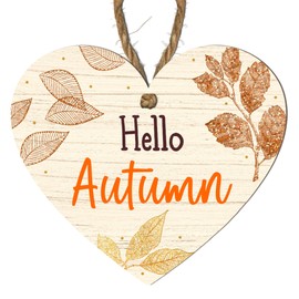 "Hello Autumn" Beige Hanging Heart Plaque - Elegant Fall Leaf Design with Glitter Effect – Perfect Seasonal Home Décor for Autumn Celebrations – Indoor Decoration for Living Room, Kitchen, or Gifting